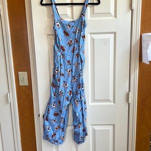 Miss Selfridge tie waist romper in size 2 blue with red flowers